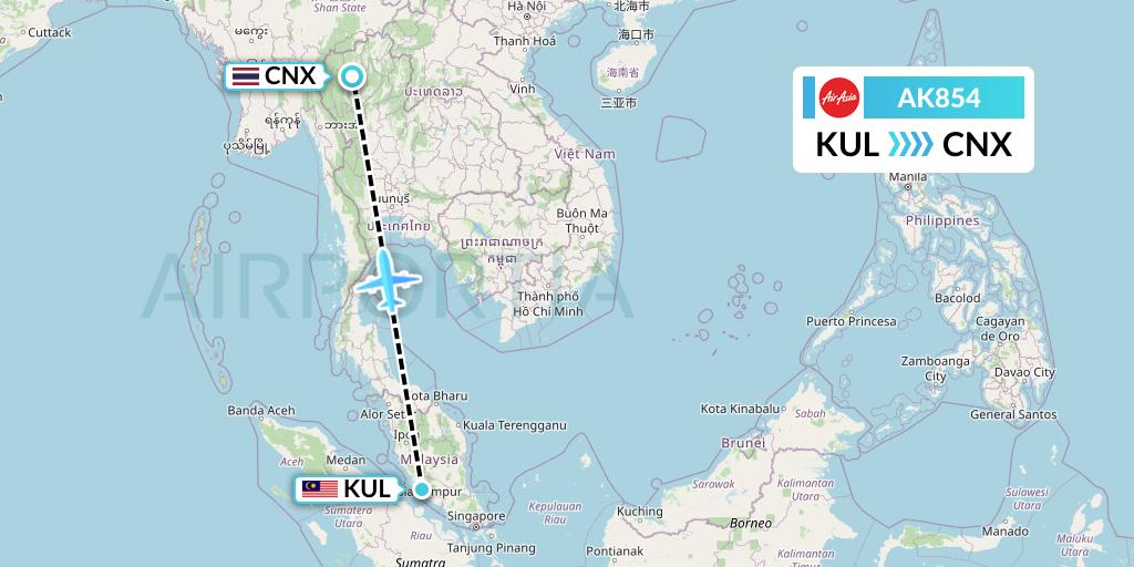 AK854 AirAsia Flight Map: Kuala Lumpur to Chiang Mai
