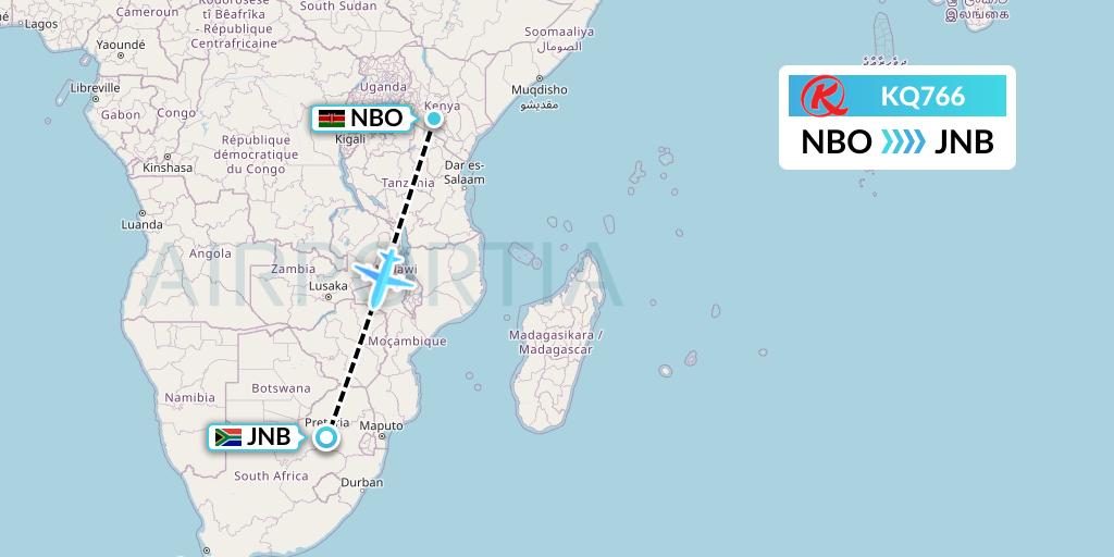 KQ766 Kenya Airways Flight Map: Nairobi to Johannesburg