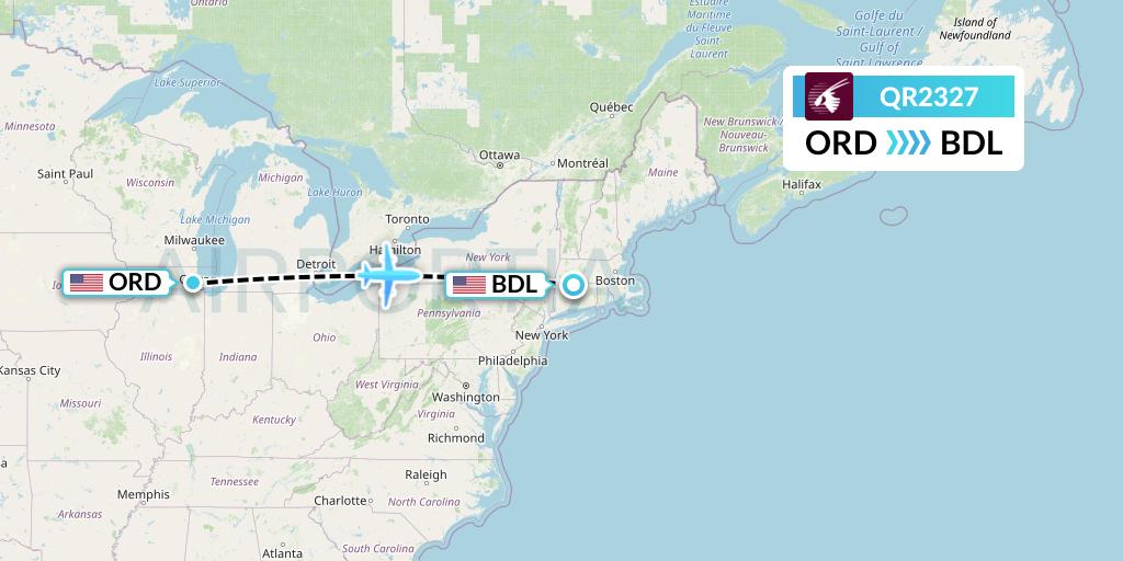 QR2327 Qatar Airways Flight Map: Chicago to Windsor Locks