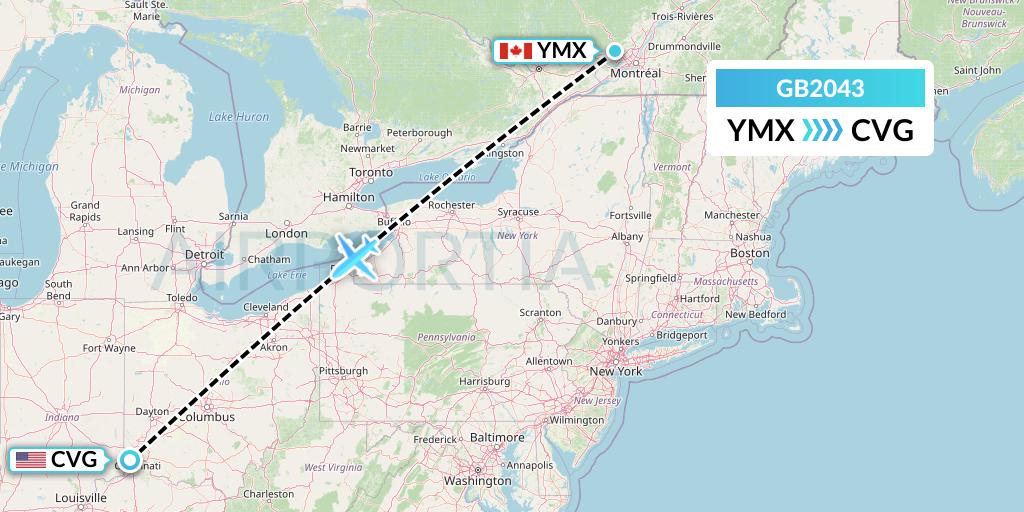 GB2043 ABX Air Flight Map: Montreal to Cincinnati