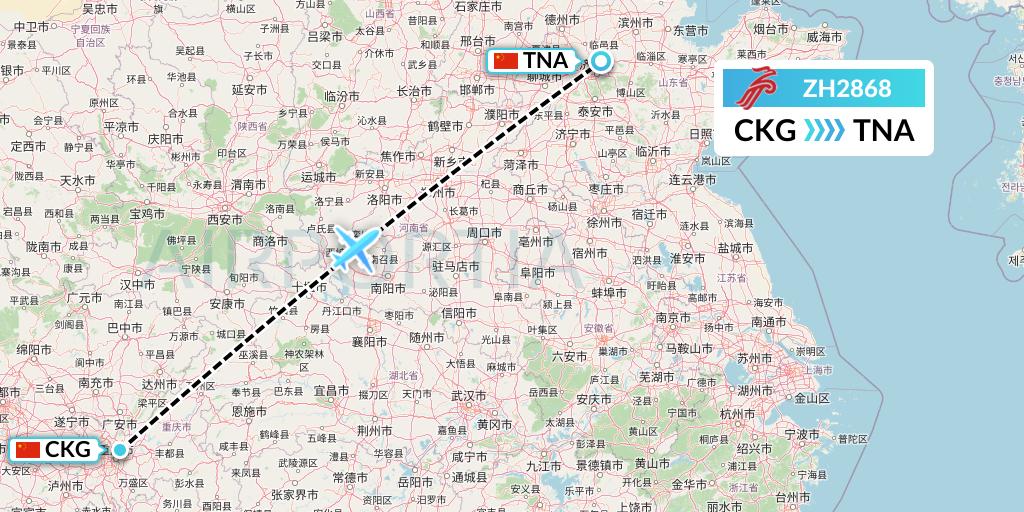 ZH2868 Shenzhen Airlines Flight Map: Chongqing to Jinan