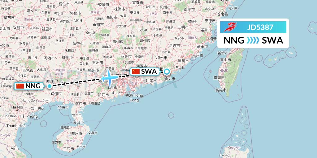 JD5387 Capital Airlines Flight Map: Nanning to Jieyang