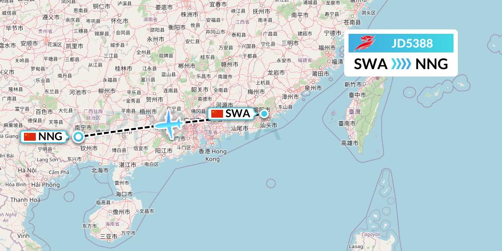 JD5388 Capital Airlines Flight Map: Jieyang to Nanning