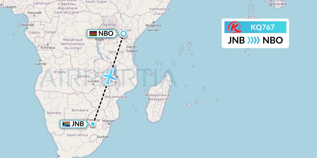 KQ767 Kenya Airways Flight Map: Johannesburg to Nairobi