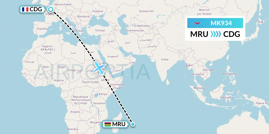 MK934 Air Mauritius Flight Map: Port Louis to Paris