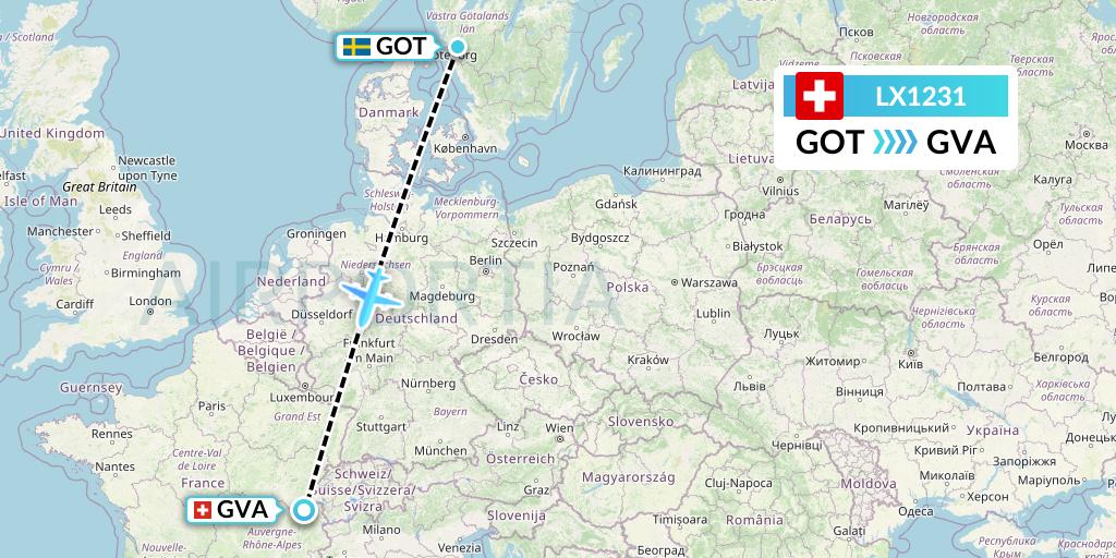 LX1231 Swiss Flight Map: Gothenburg to Geneva