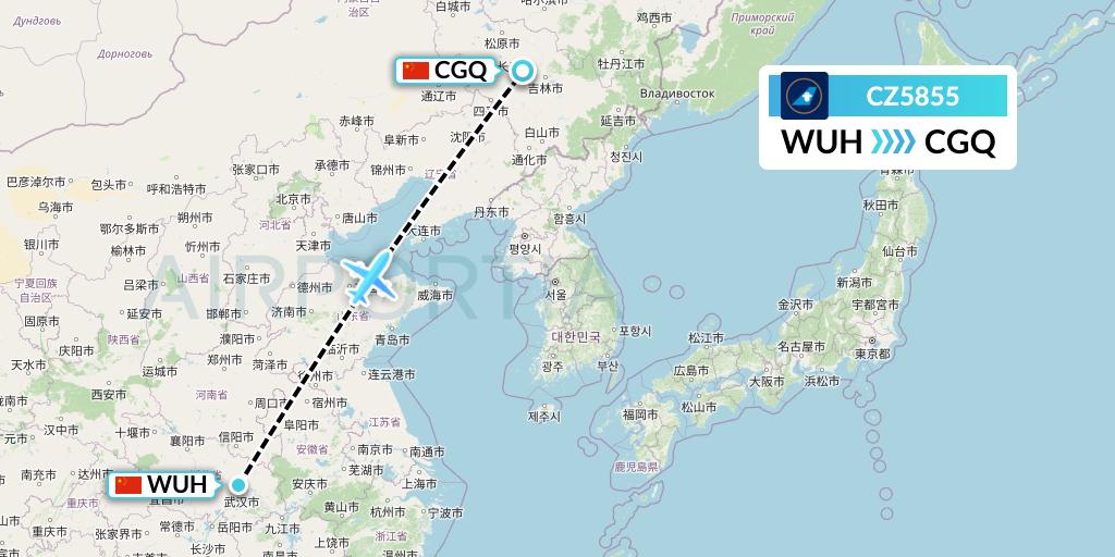 CZ5855 China Southern Airlines Flight Map: Wuhan to Changchun