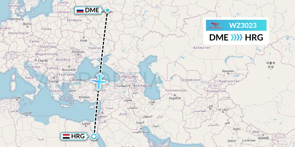 WZ3023 Red Wings Flight Map: Moscow to Hurghada
