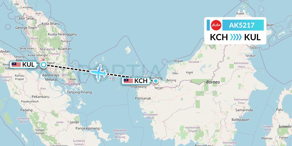 AK5217 AirAsia Flight Map: Kuching to Kuala Lumpur