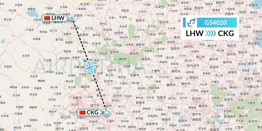 G54020 China Express Airlines Flight Map: Lanzhou to Chongqing