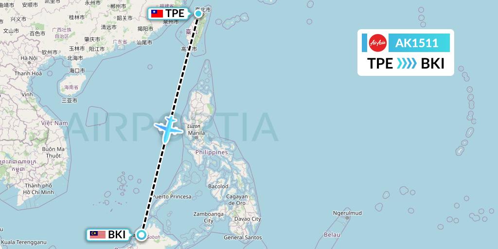 AK1511 AirAsia Flight Map: Taipei to Kota Kinabalu