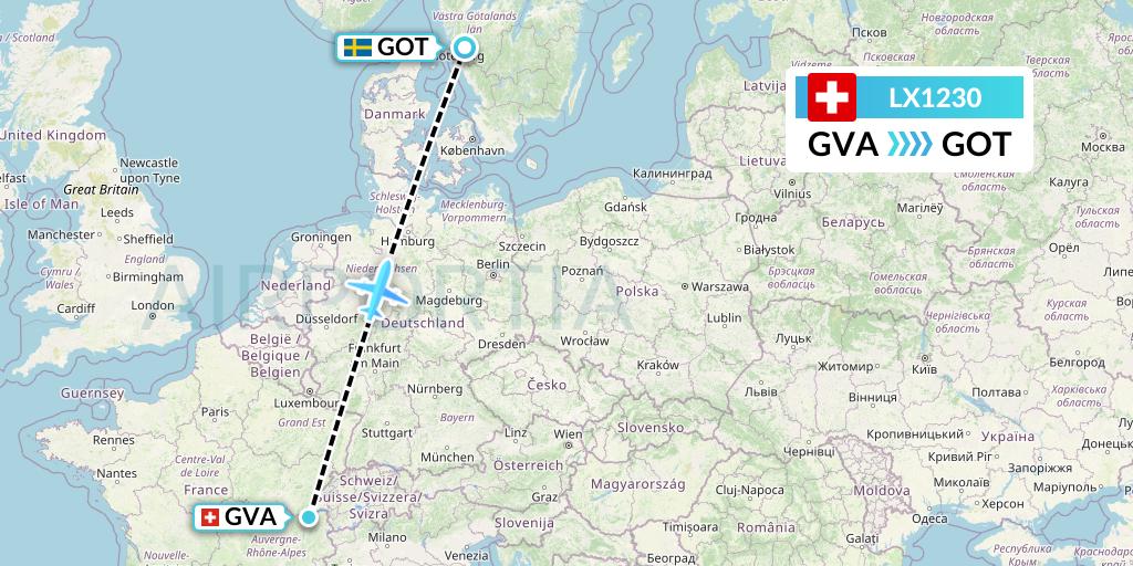 LX1230 Swiss Flight Map: Geneva to Gothenburg