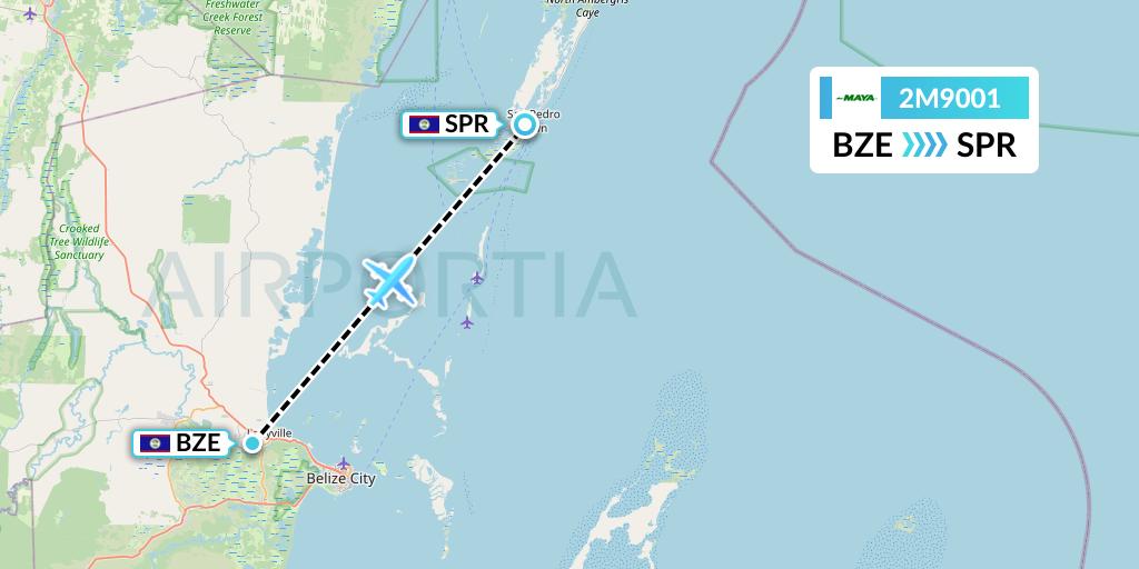 2M9001 Maya Island Air Flight Map: Belize City to San Pedro