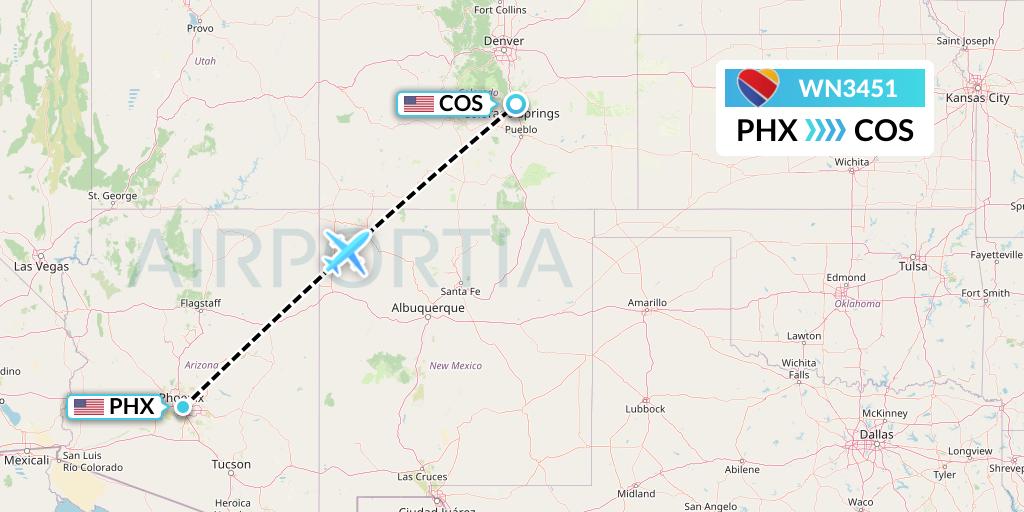 WN3451 Southwest Airlines Flight Map: Phoenix to Colorado Springs