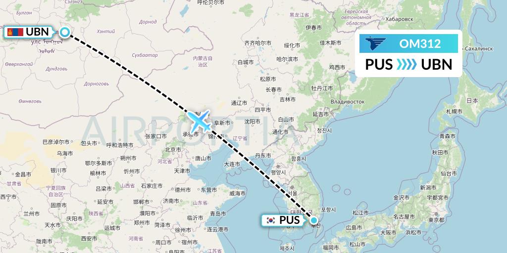OM312 MIAT Mongolian Airlines Flight Map: Busan to Ulan Bator
