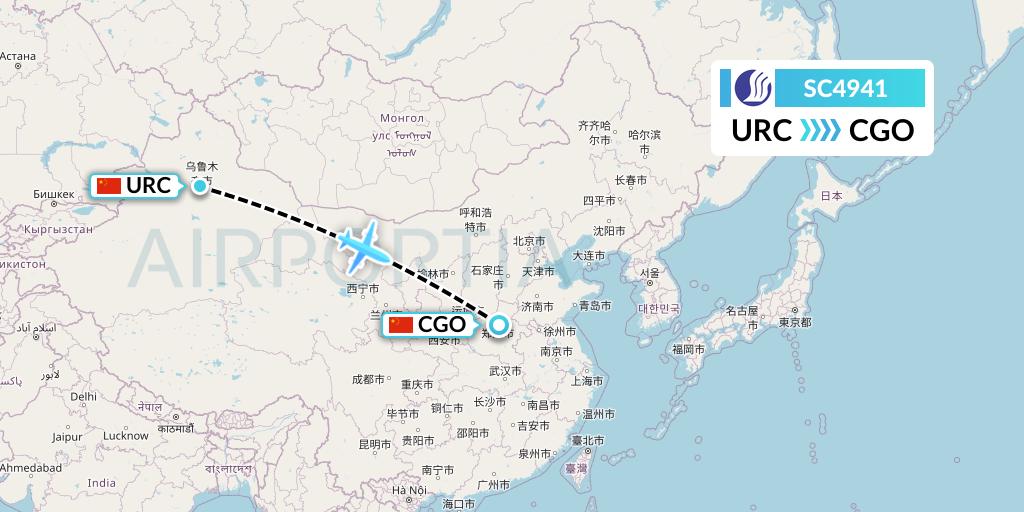SC4941 Shandong Airlines Flight Map: Urumqi to Zhengzhou