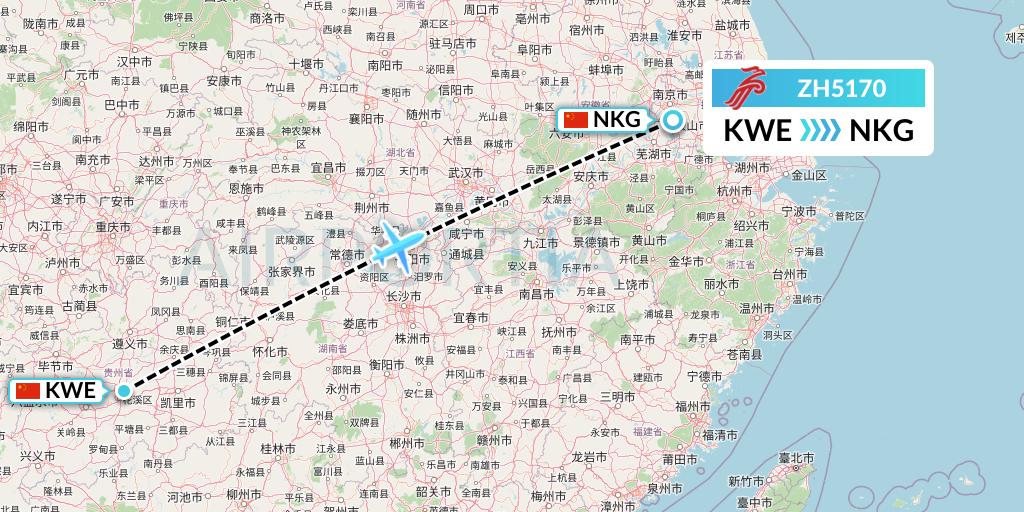 ZH5170 Shenzhen Airlines Flight Map: Guiyang to Nanjing
