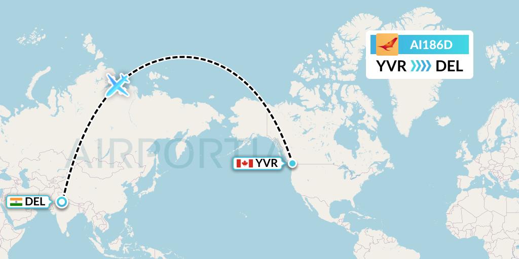 AI186D Air India Flight Map: Vancouver to Delhi