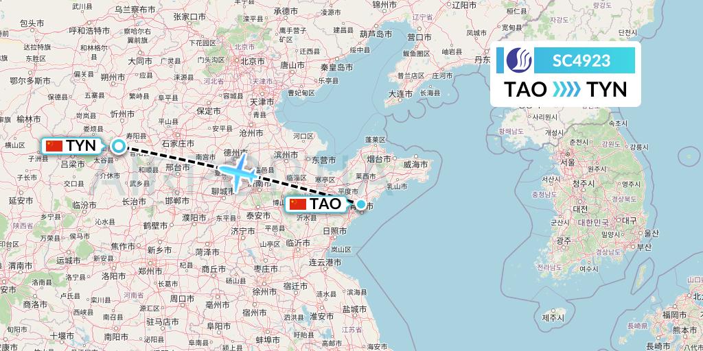 SC4923 Shandong Airlines Flight Map: Qingdao to Taiyuan