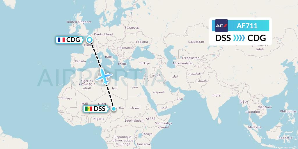AF711 Air France Flight Map: Dakar to Paris