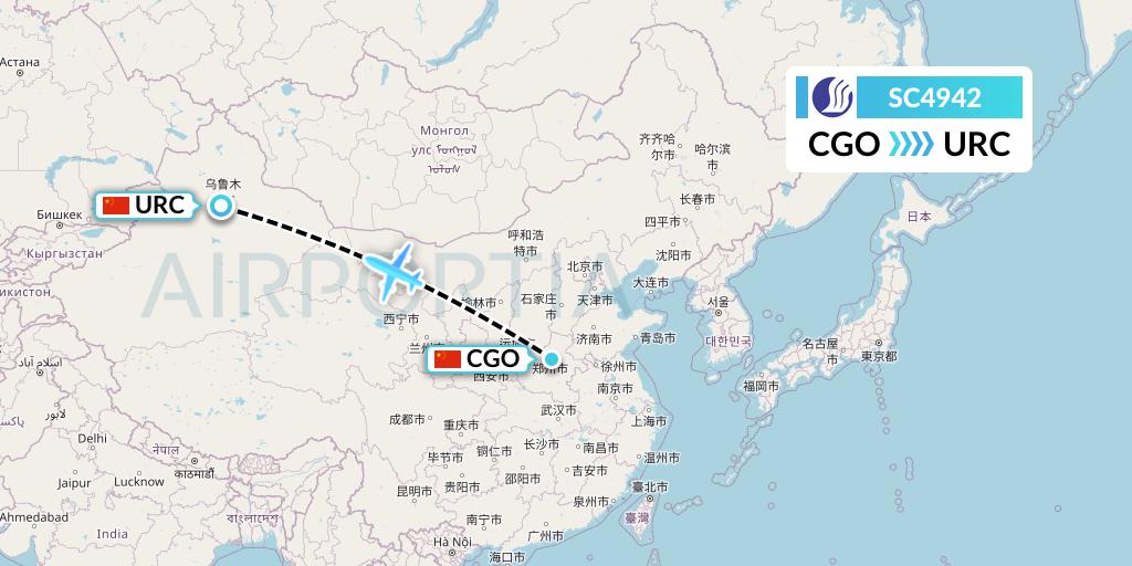 SC4942 Shandong Airlines Flight Map: Zhengzhou to Urumqi