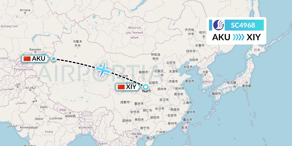 SC4968 Shandong Airlines Flight Map: Aksu to Xi'an
