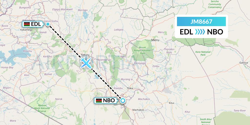 JM8667 Jambojet Limited Flight Map: Eldoret to Nairobi