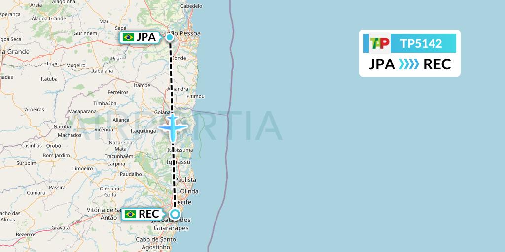 TP5142 TAP Portugal Flight Map: Joao Pessoa to Recife