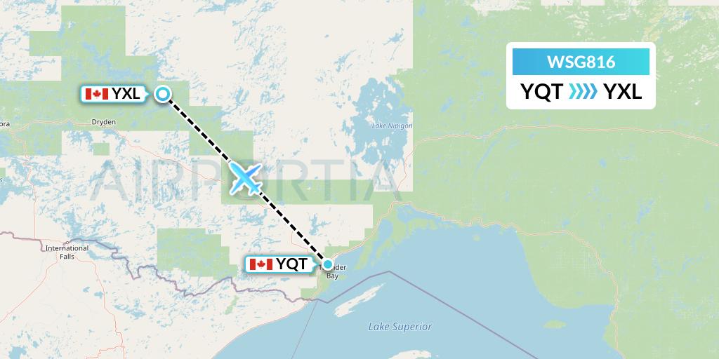 WSG816 Wasaya Airways Flight Map: Thunder Bay to Sioux Lookout