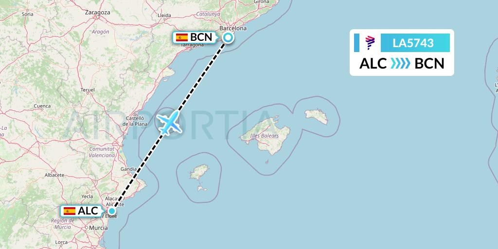 LA5743 LAN Airlines Flight Map: Alicante to Barcelona