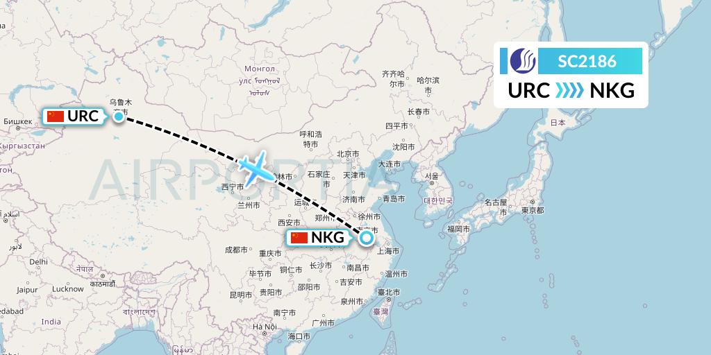 SC2186 Shandong Airlines Flight Map: Urumqi to Nanjing
