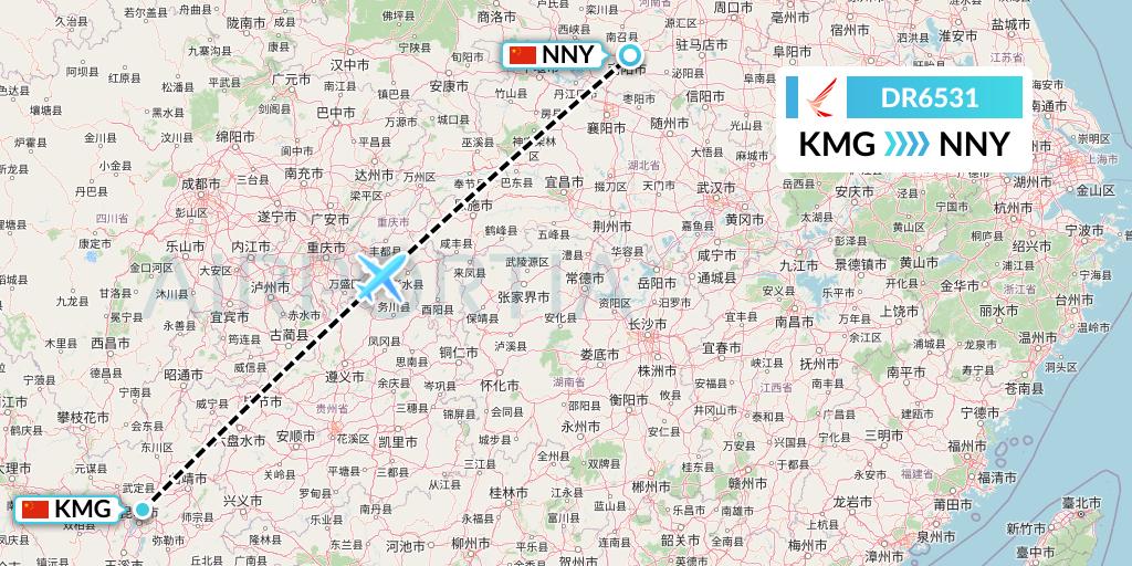 DR6531 Ruili Airlines Flight Map: Kunming to Nanyang