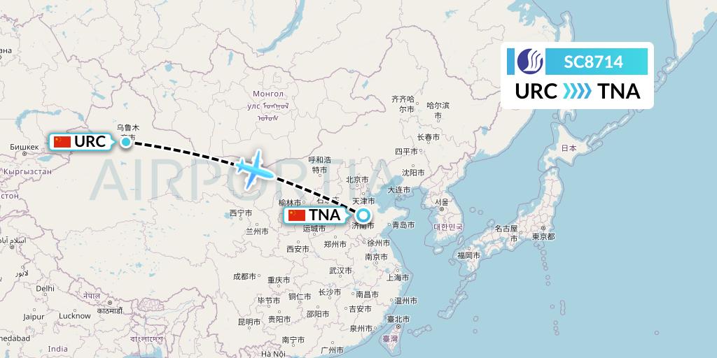 SC8714 Shandong Airlines Flight Map: Urumqi to Jinan