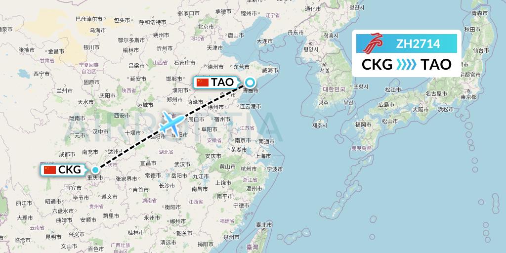 ZH2714 Shenzhen Airlines Flight Map: Chongqing to Qingdao