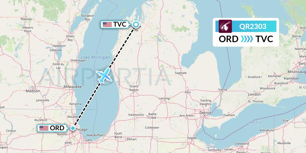 QR2303 Qatar Airways Flight Map: Chicago to Traverse City