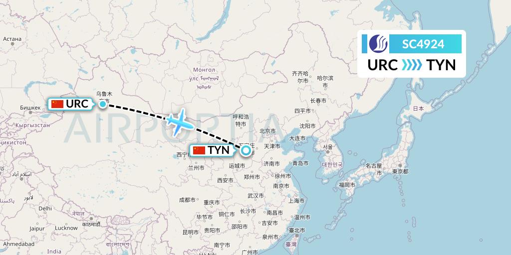 SC4924 Shandong Airlines Flight Map: Urumqi to Taiyuan