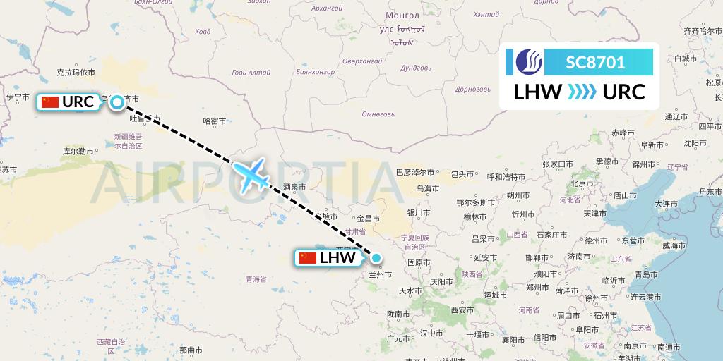 SC8701 Shandong Airlines Flight Map: Lanzhou to Urumqi