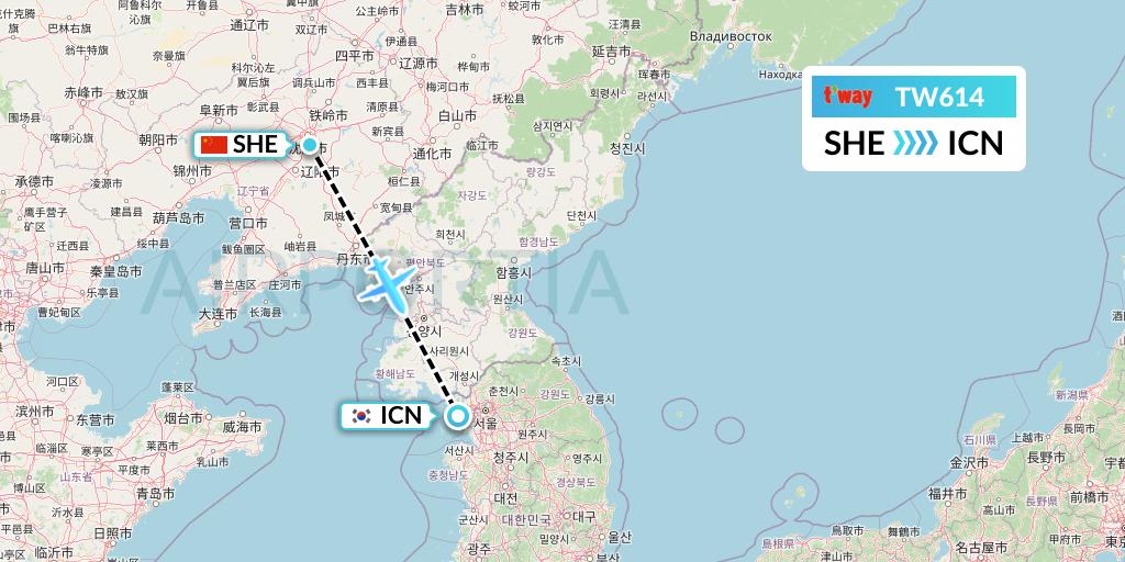 TW614 T'way Air Flight Map: Shenyang to Seoul