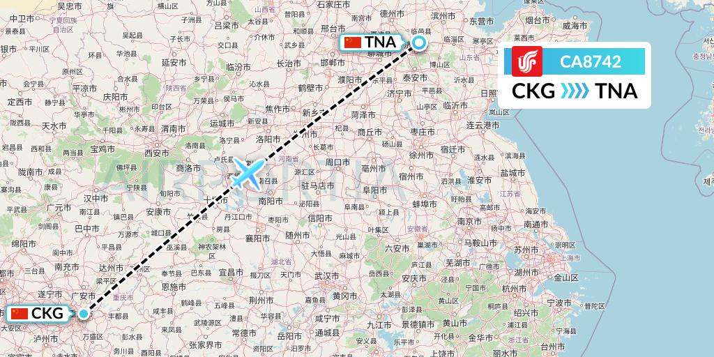 CA8742 Air China Flight Map: Chongqing to Jinan