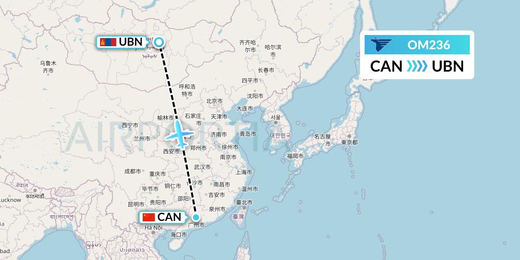 OM236 MIAT Mongolian Airlines Flight Map: Guangzhou to Ulan Bator