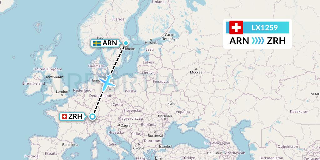 LX1259 Swiss Flight Map: Stockholm to Zurich