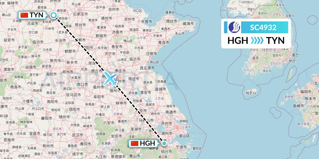 SC4932 Shandong Airlines Flight Map: Hangzhou to Taiyuan