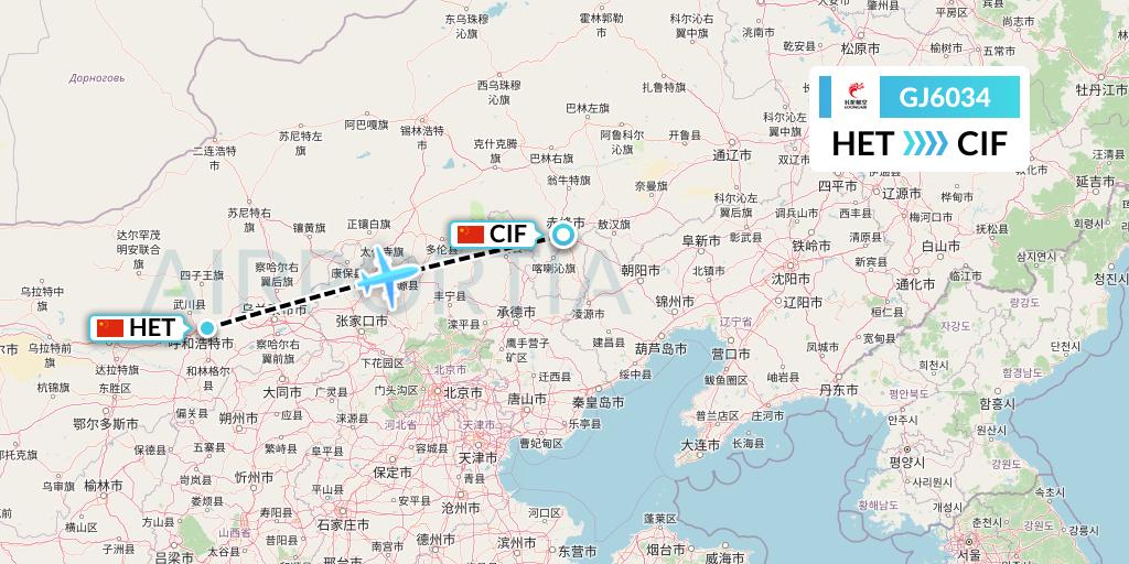 GJ6034 Loong Airlines Flight Map: Hohhot to Chifeng