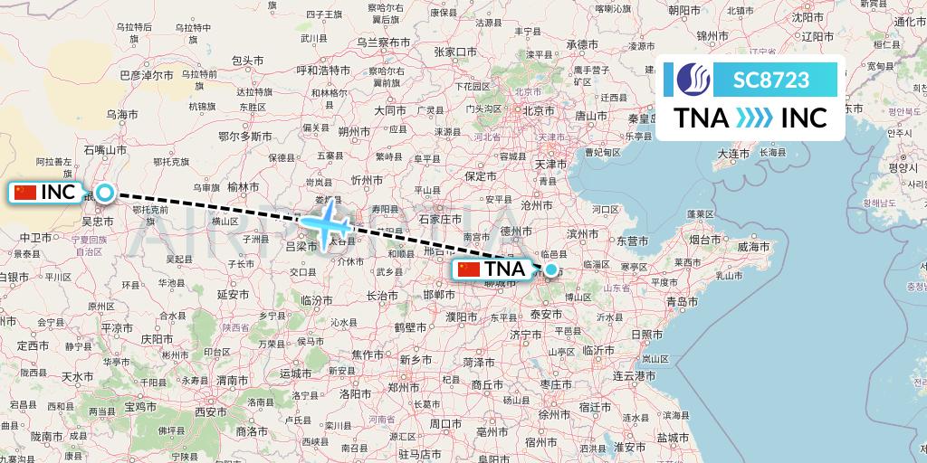 SC8723 Shandong Airlines Flight Map: Jinan to Yinchuan