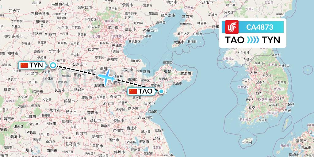 CA4873 Air China Flight Map: Qingdao to Taiyuan