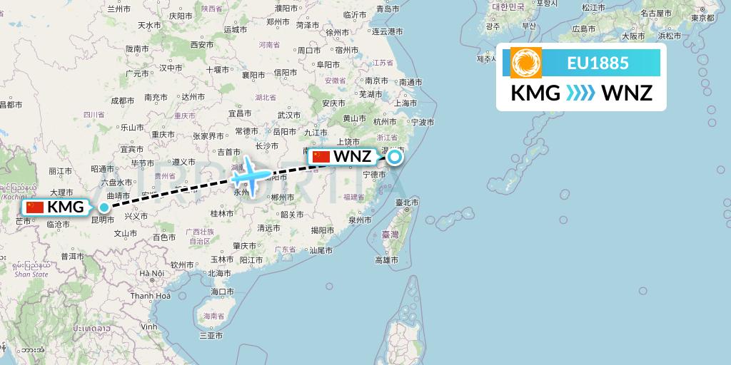EU1885 Chengdu Airlines Flight Map: Kunming to Wenzhou
