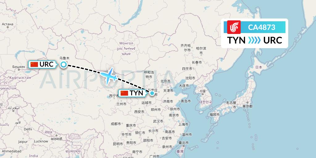 CA4873 Air China Flight Map: Taiyuan to Urumqi