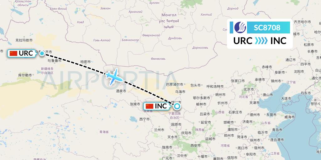 SC8708 Shandong Airlines Flight Map: Urumqi to Yinchuan