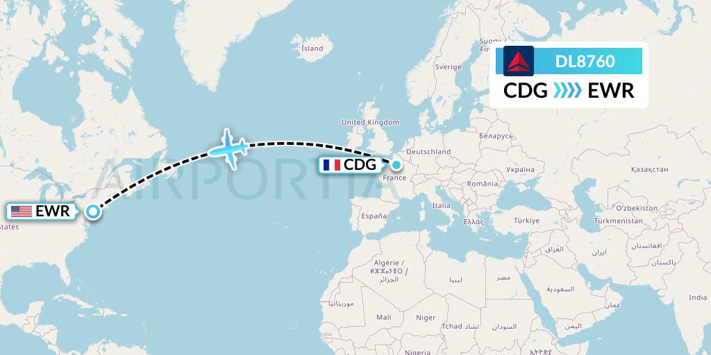 DL8760 Delta Air Lines Flight Map: Paris to New York