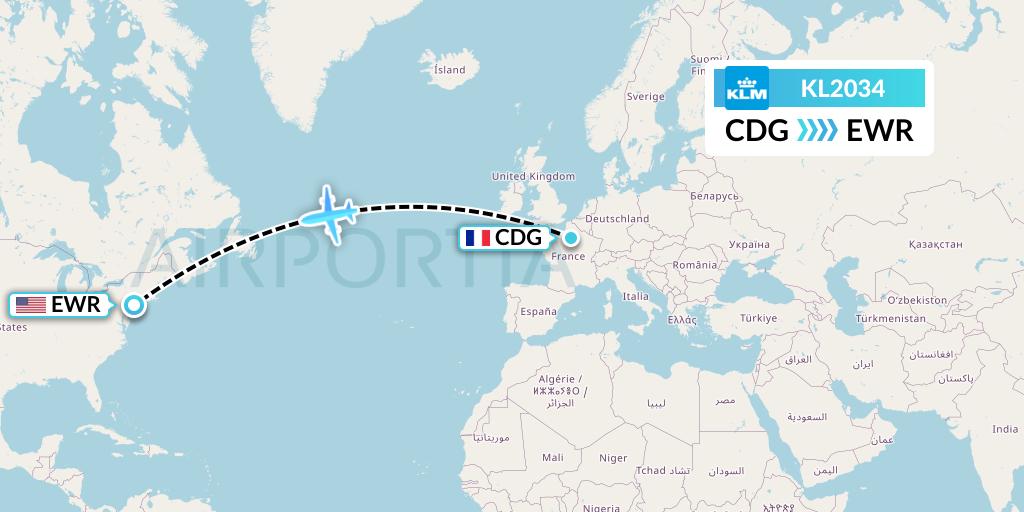 KL2034 KLM Flight Map: Paris to New York
